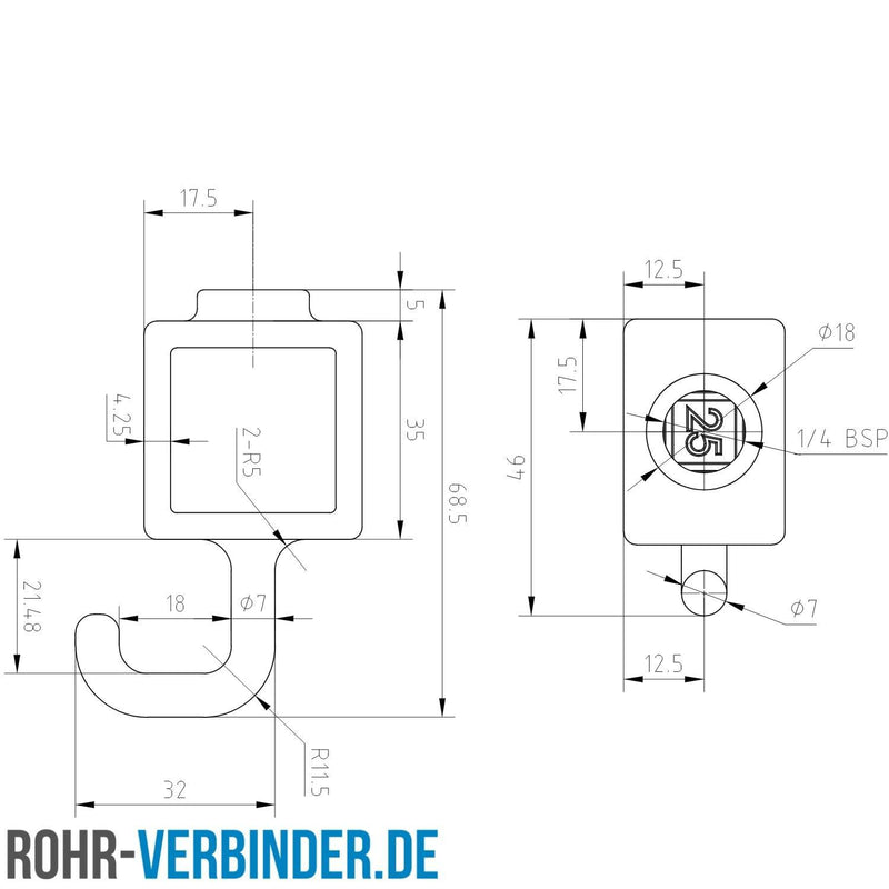 Kleiderhaken 25 mm quadratisch | technische Zeichnung Rohrverbinder | Schnelle Lieferung | Rohr-verbinder.de