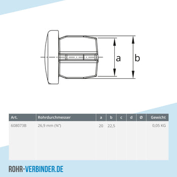 Stopfen Metall 26,9 mm | technische Zeichnung | Rohrverbinder | Schnelle Lieferung | Rohr-verbinder.de