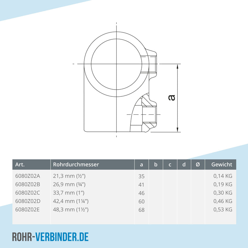 T-Stück kurz schwarz 48,3 mm | technische Zeichnung | Rohrverbinder | Schnelle Lieferung | Rohr-verbinder.de