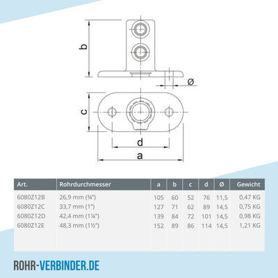 Fußplatte oval schwarz 33,7 mm | technische Zeichnung | Rohrverbinder | Schnelle Lieferung | Rohr-verbinder.de