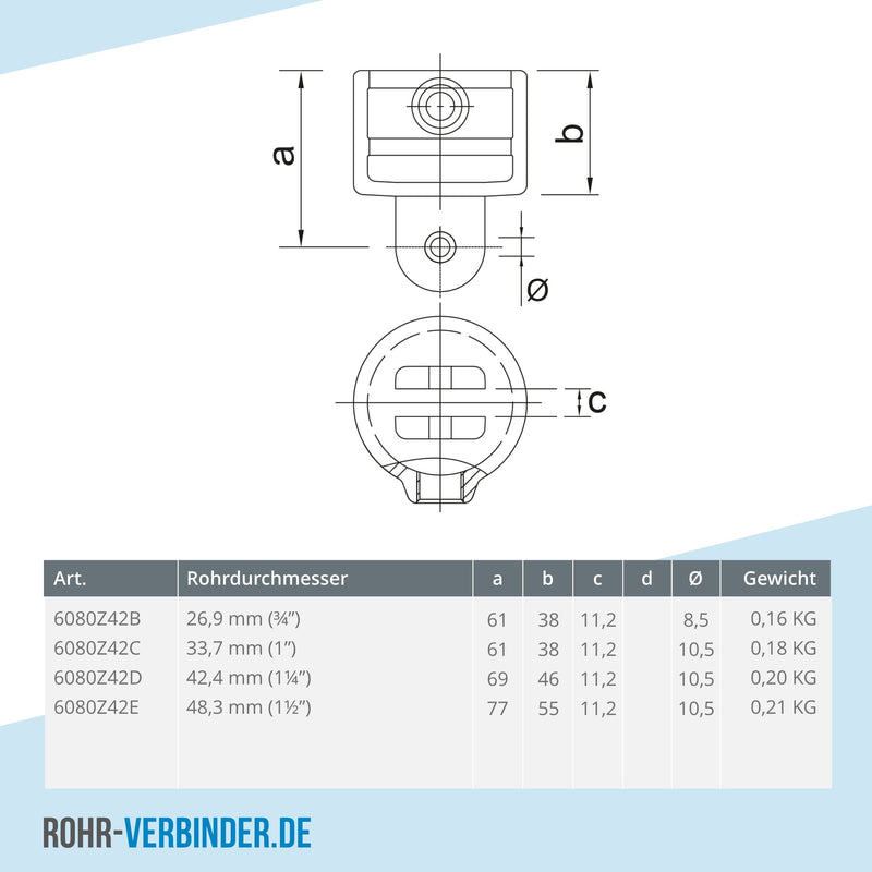 Gelenkhalter schwarz 42,4 mm | technische Zeichnung | Rohrverbinder | Schnelle Lieferung | Rohr-verbinder.de