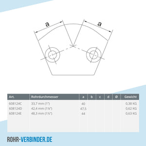 Bogen 105º - 165º 48,3 mm | technische Zeichnung | Rohrverbinder | Schnelle Lieferung | Rohr-verbinder.de
