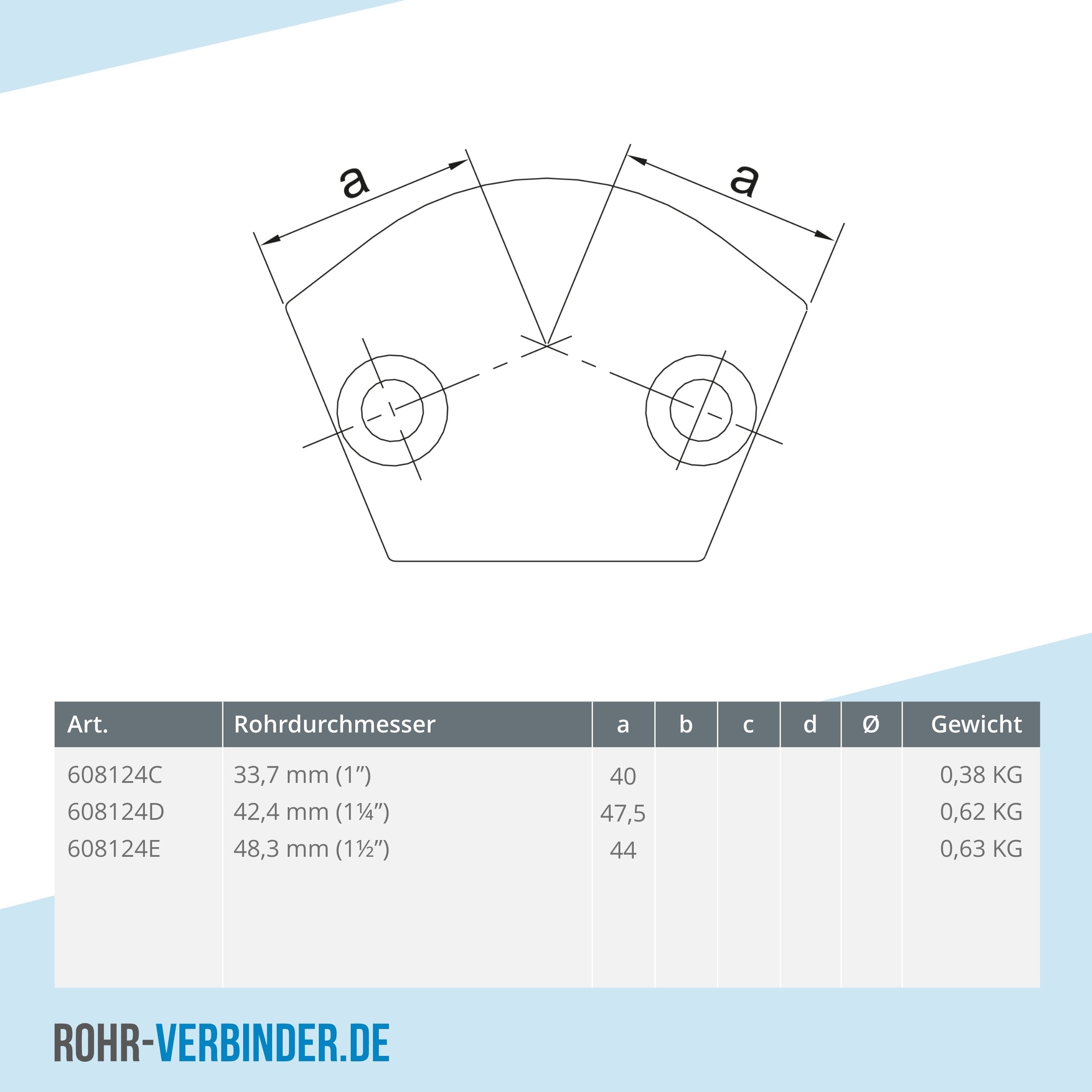 Bogen 105º - 165º 42,4 mm | technische Zeichnung | Rohrverbinder | Schnelle Lieferung | Rohr-verbinder.de