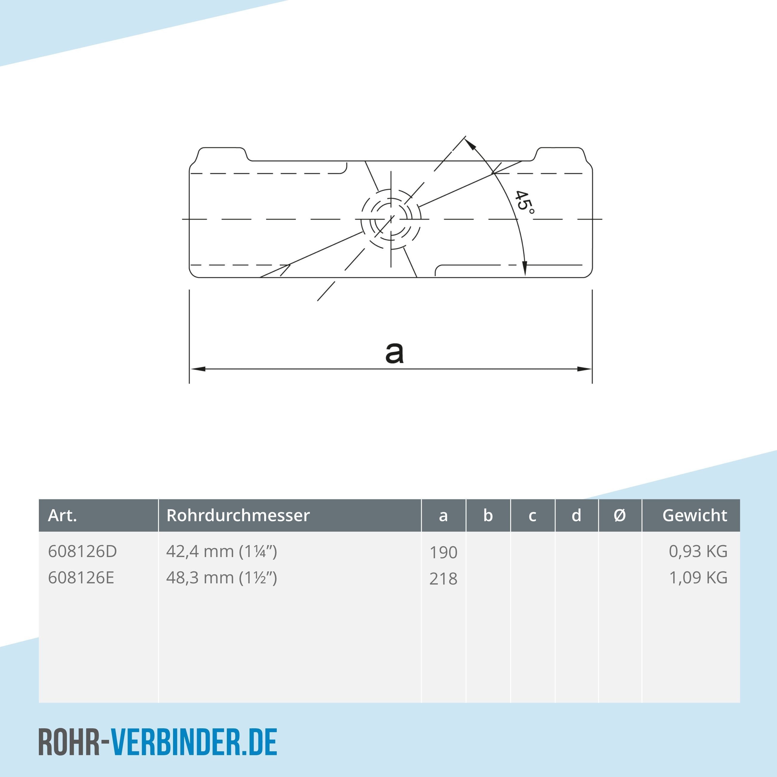 Kreuzstück 45º-90º 42,4 mm | technische Zeichnung | Rohrverbinder | Schnelle Lieferung | Rohr-verbinder.de