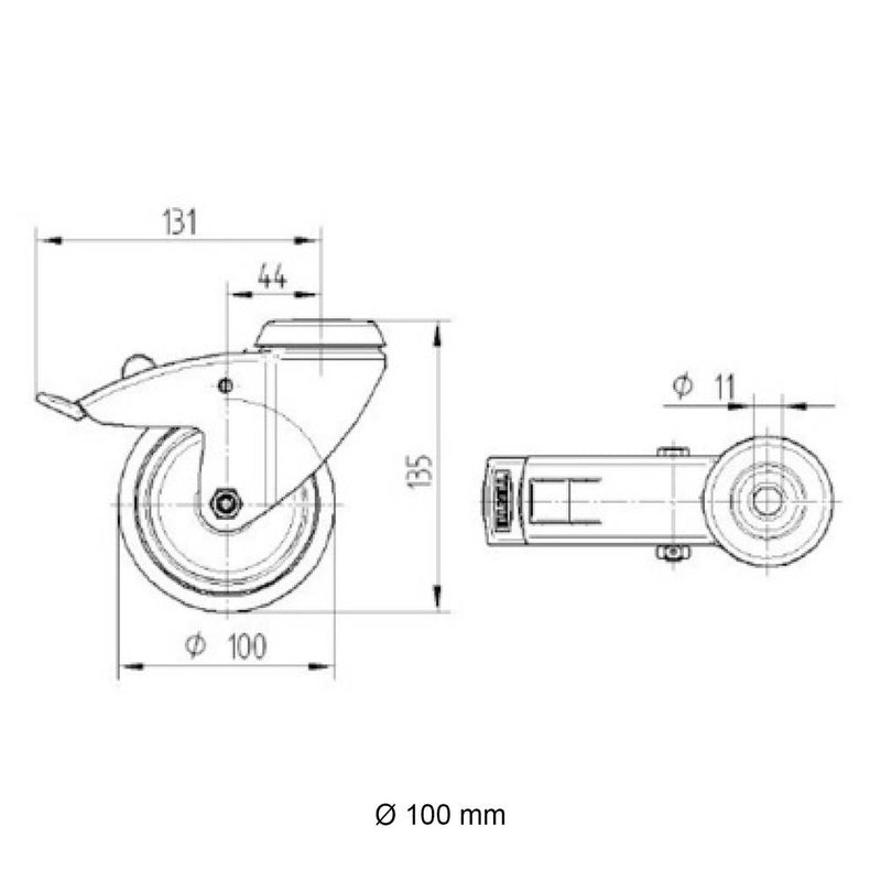 Technische Zeichnung 100mm Lenkrolle mit Bremse von Tente | Rohr-verbinder.de