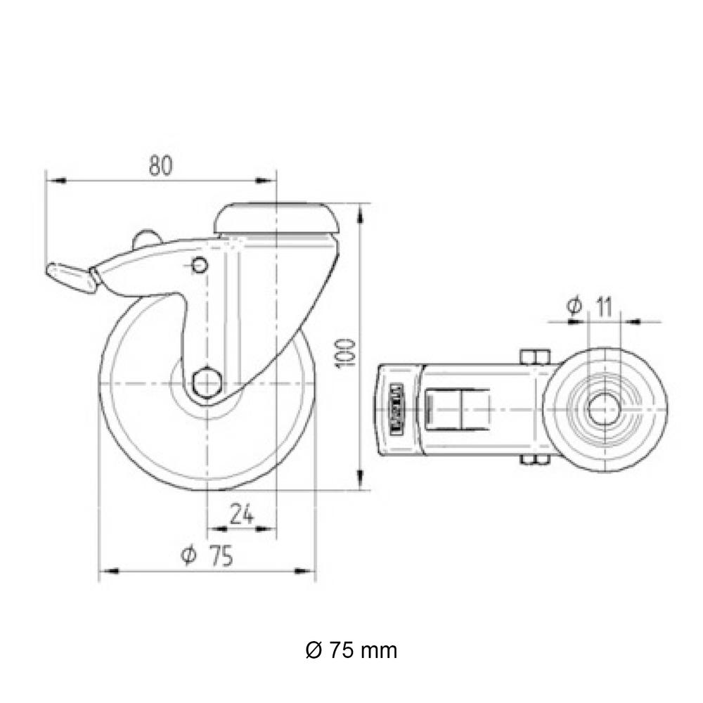 Technische Zeichnung 75mm Lenkrolle mit Bremse von Tente | Rohr-verbinder.de