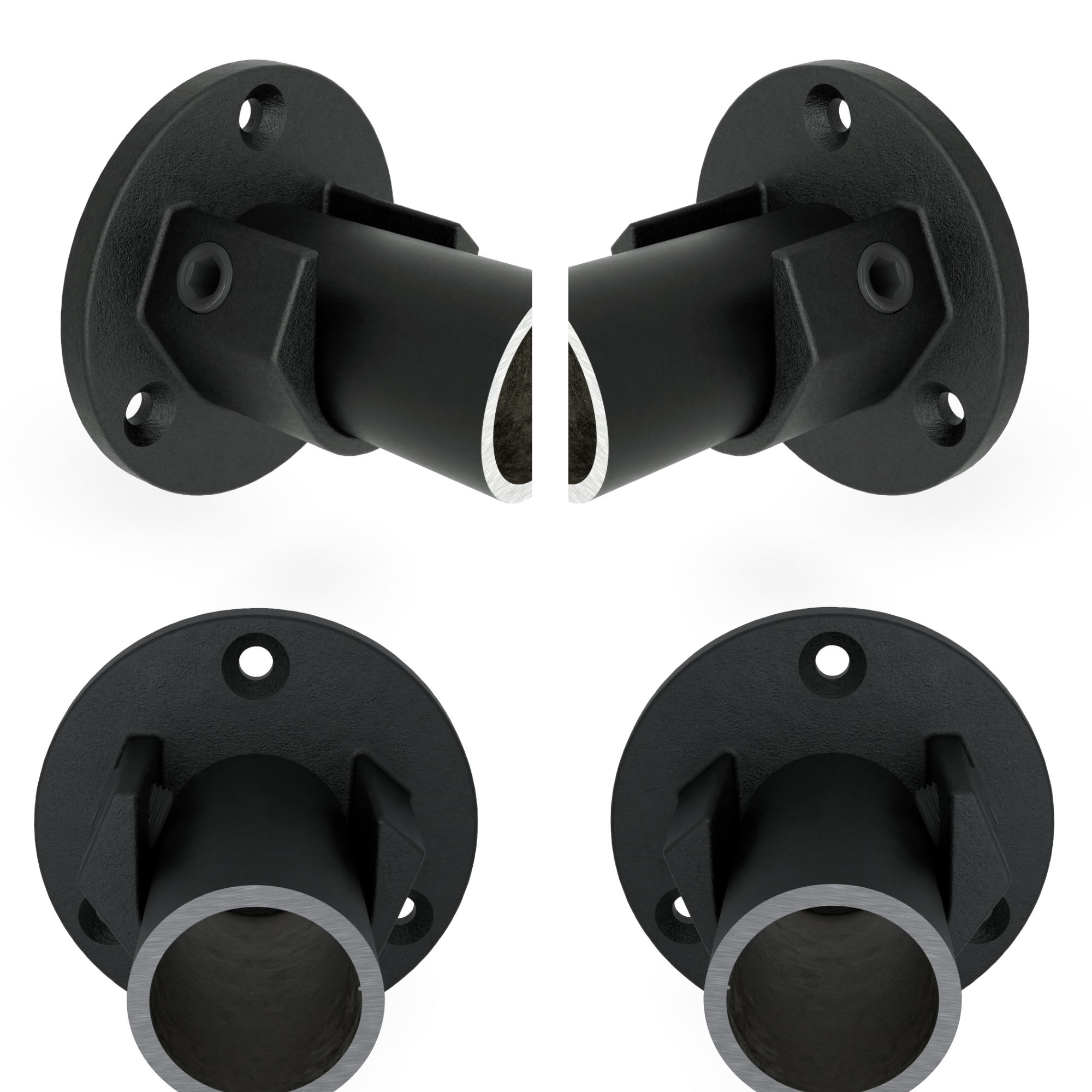 Rohrverbinder Stangenhalter schwarz (Set) 33,7 mm - Vorderansicht mit Rohren (Rohr-verbinder.de)