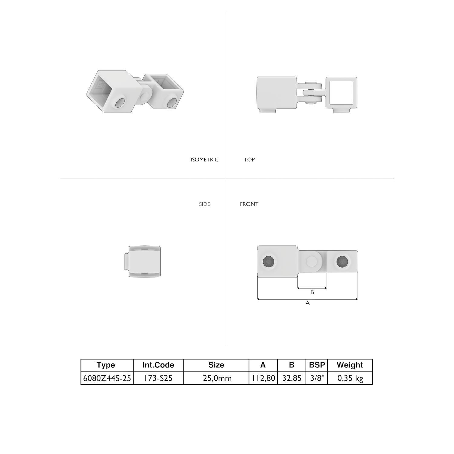 Gelenkstück einfach schwarz 25 mm quadratisch