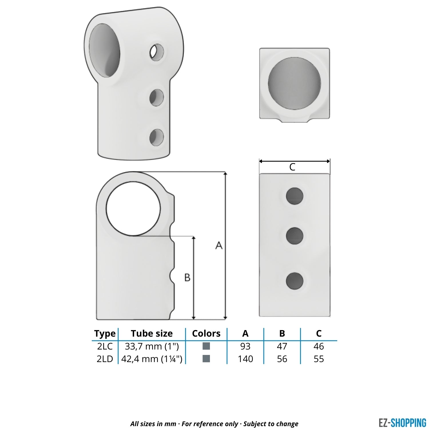 Rohrverbinder T-Stück kurz - lang 42,4 mm - Maßtabelle - technische Zeichnung (Rohr-verbinder.de)
