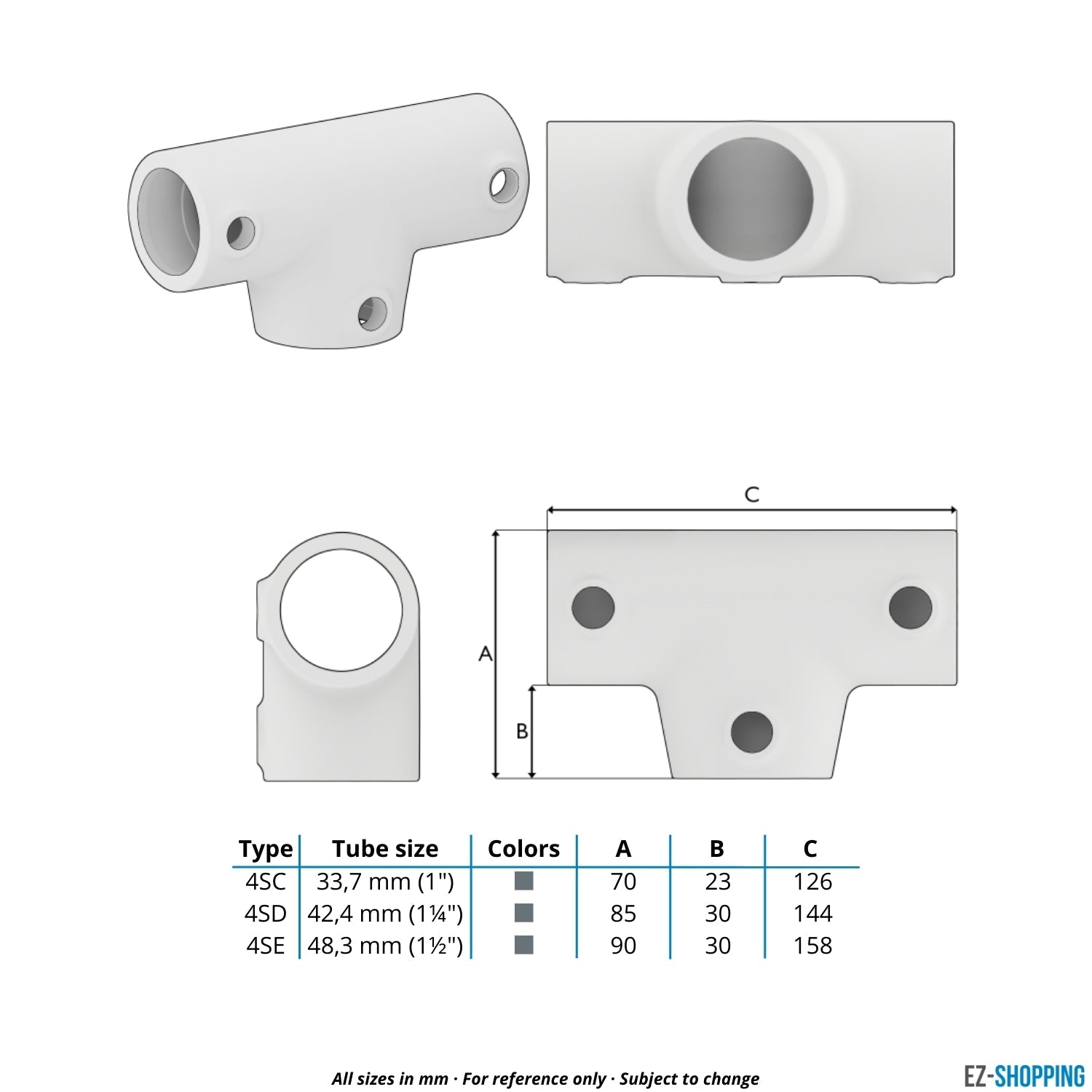 Rohrverbinder T-Stück lang ±11º 48,3 mm - Maßtabelle - technische Zeichnung (Rohr-verbinder.de)