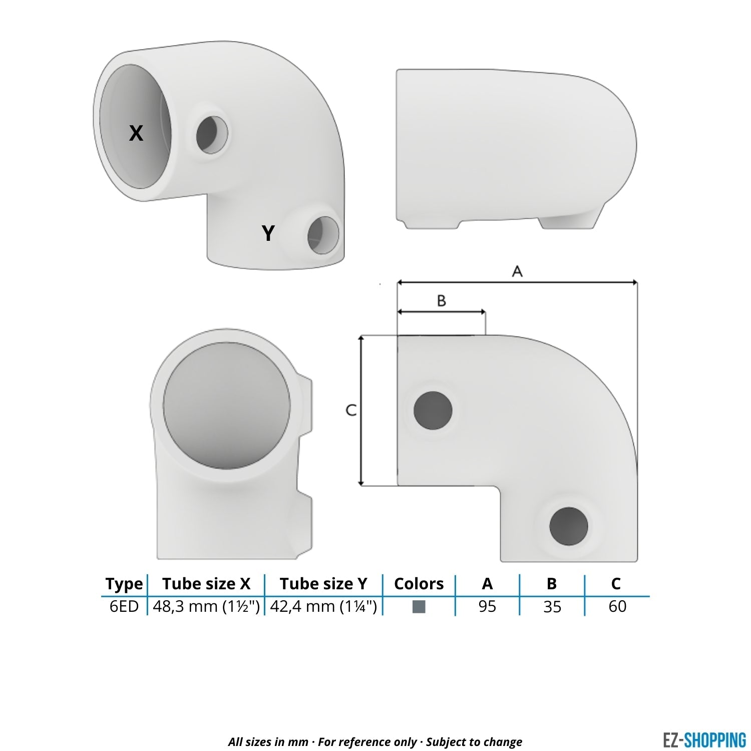 Rohrverbinder Bogen 90º Kombinationsmaß 48,3 mm - 42,4 mm - Maßtabelle - technische Zeichnung (Rohr-verbinder.de)