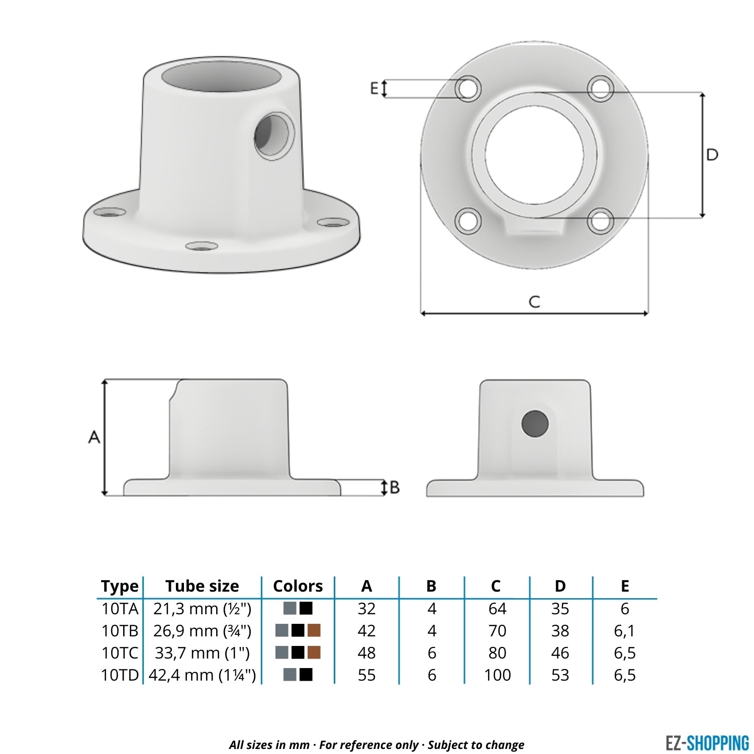 Rohrverbinder Fußplatte rund durchgehend vintage 26,9 mm - Maßtabelle - technische Zeichnung (Rohr-verbinder.de)