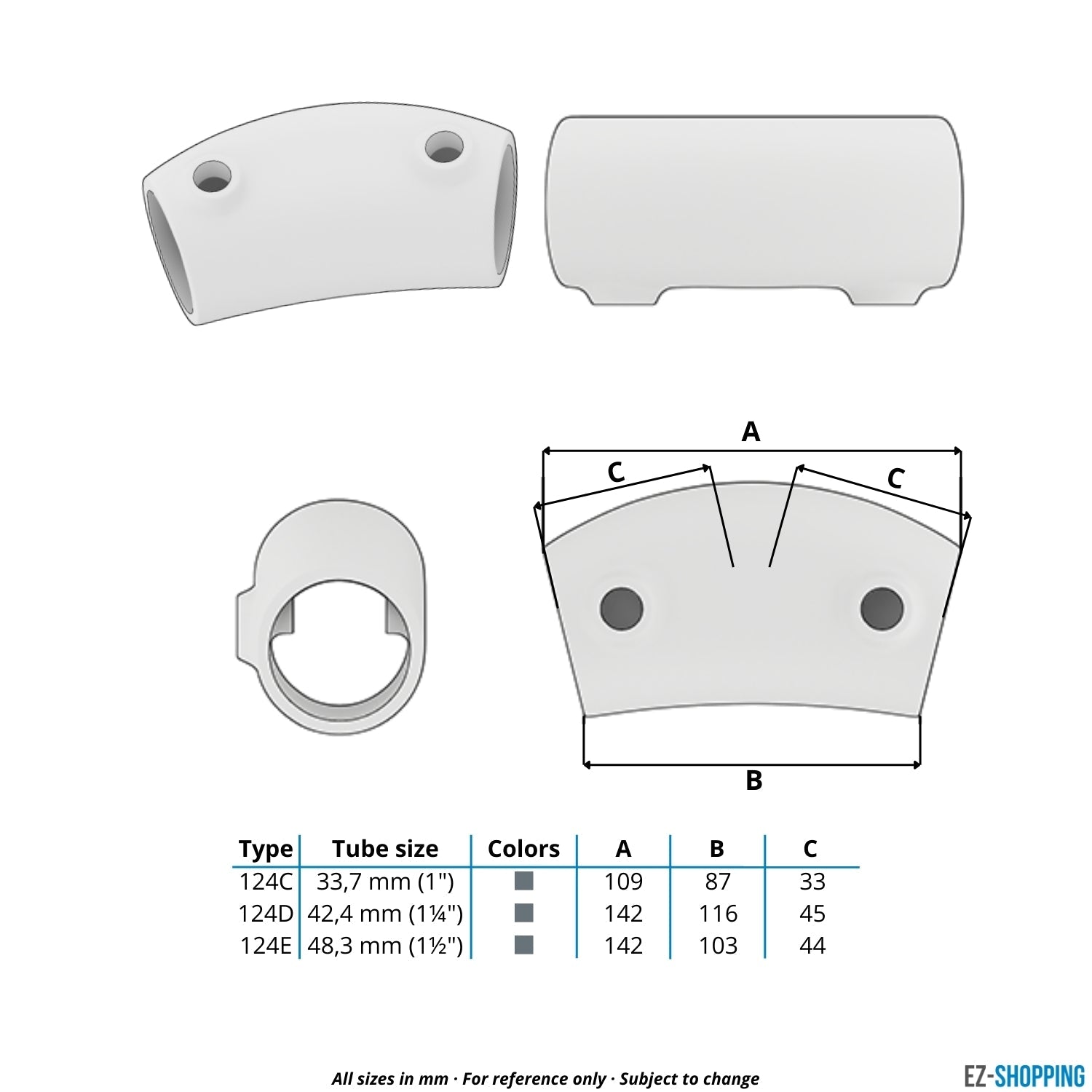 Rohrverbinder Bogen 105º - 165º 42,4 mm - Maßtabelle - technische Zeichnung (Rohr-verbinder.de)
