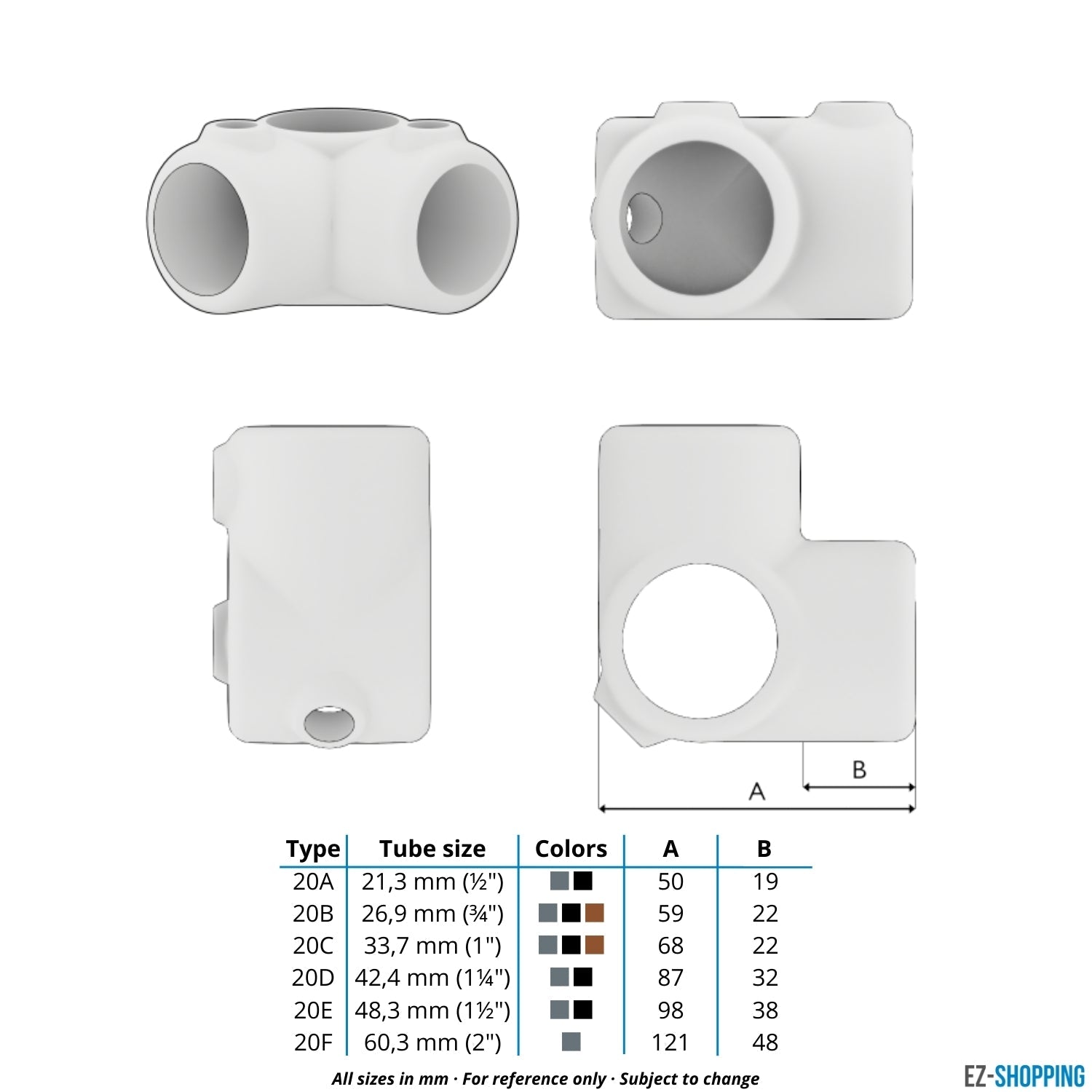 Rohrverbinder Eckstück 90º 21,3 mm - Maßtabelle - technische Zeichnung (Rohr-verbinder.de)
