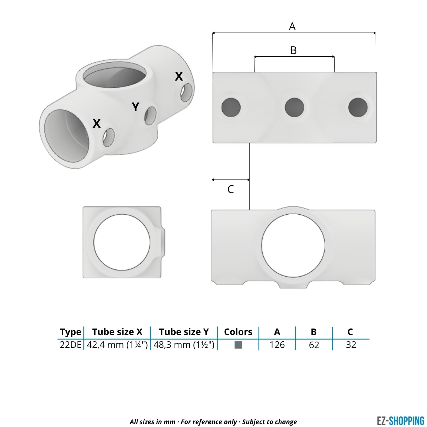 Rohrverbinder Kreuzstück in 1 Ebene Kombinationsmaß 48,3 mm - 42,4 mm - Maßtabelle - technische Zeichnung (Rohr-verbinder.de)