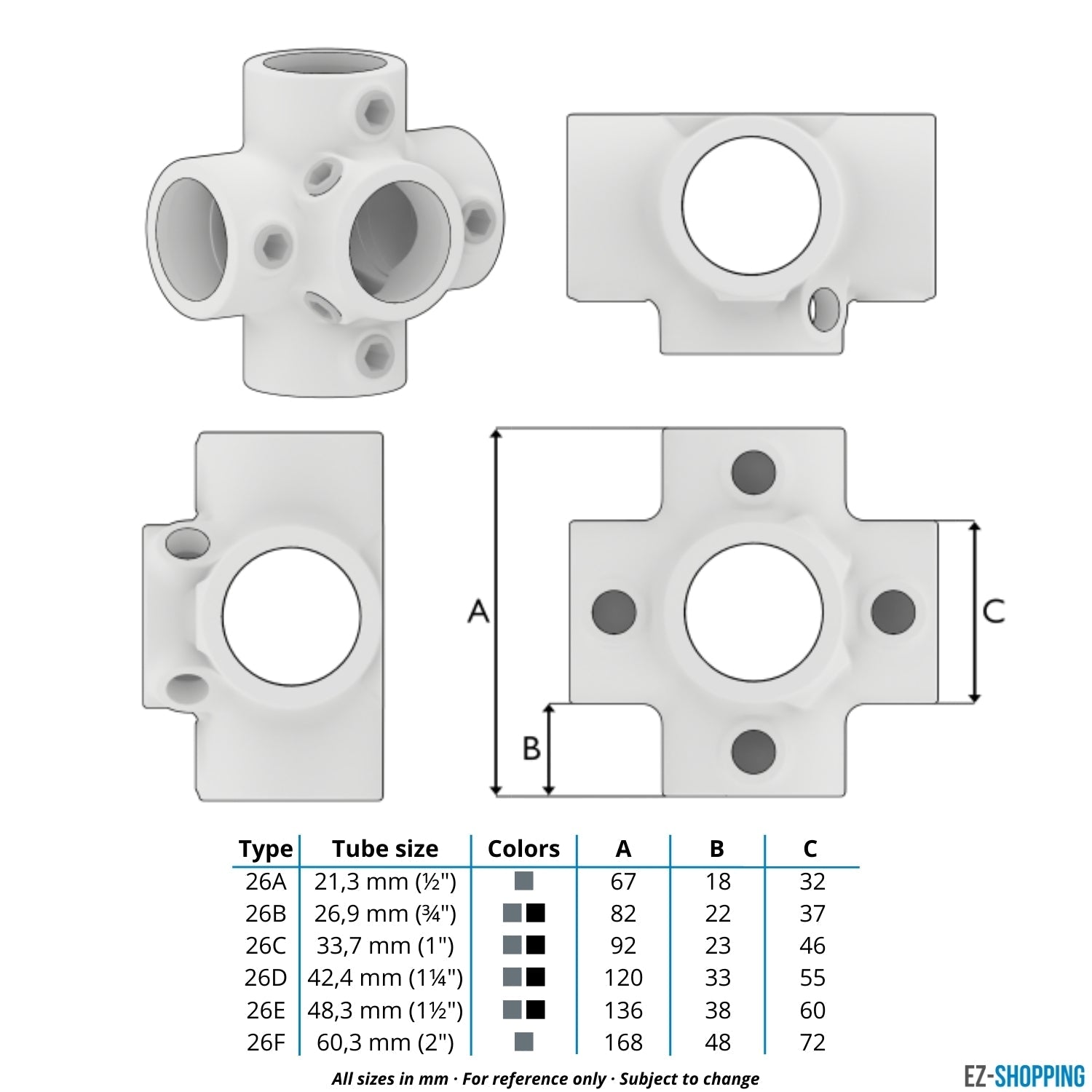 Rohrverbinder Kreuzstück für Stützrohr 60,3 mm - Maßtabelle - technische Zeichnung (Rohr-verbinder.de)
