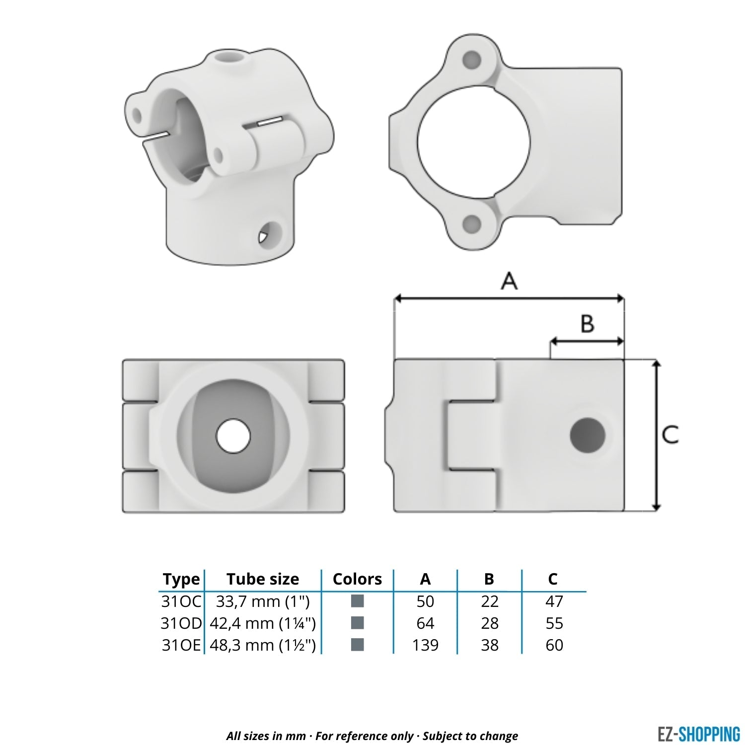 Rohrverbinder T-Stück offen klappbar 42,4 mm - Maßtabelle - technische Zeichnung (Rohr-verbinder.de)