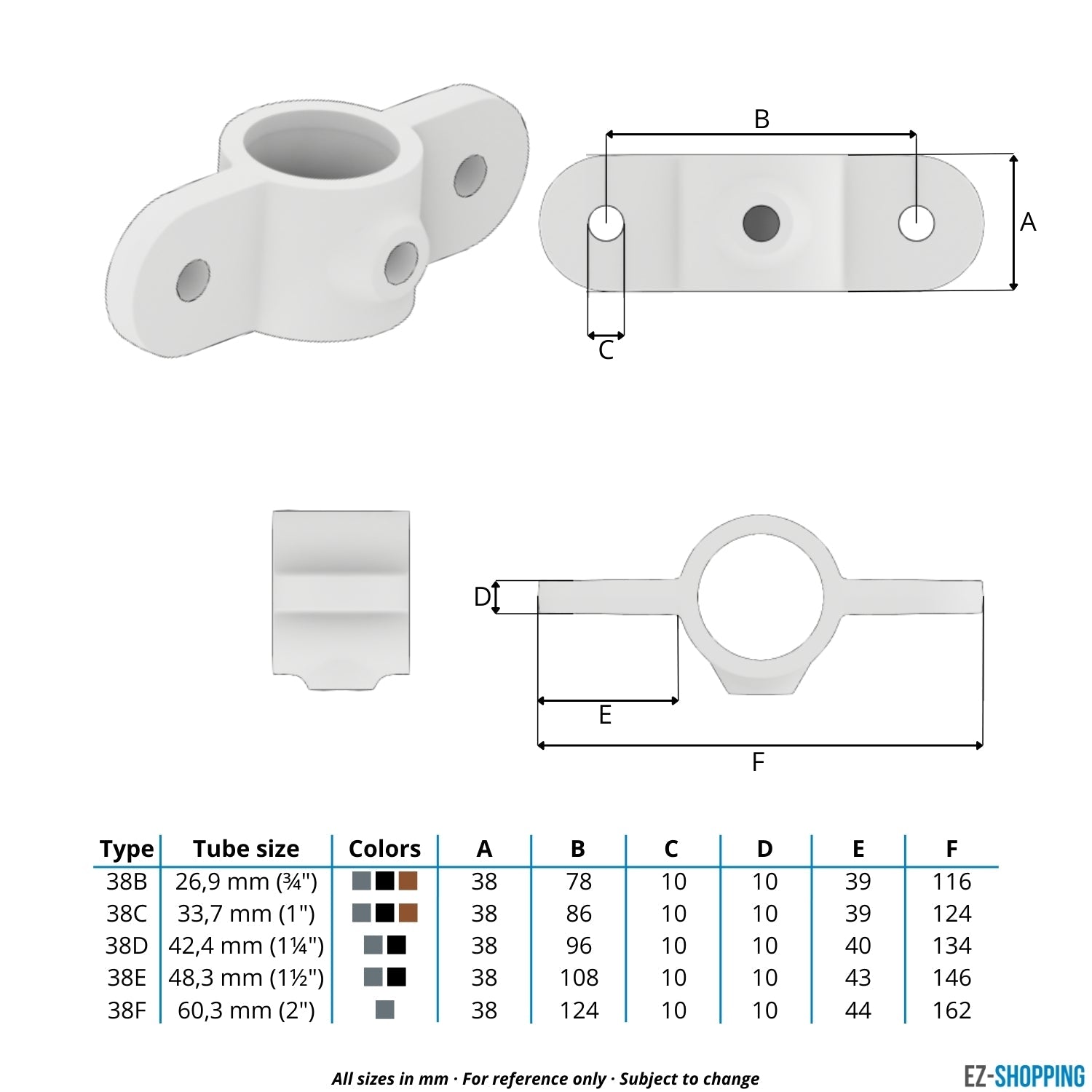 Rohrverbinder Gelenkauge doppelt 180º schwarz 33,7 mm - Maßtabelle - technische Zeichnung (Rohr-verbinder.de)