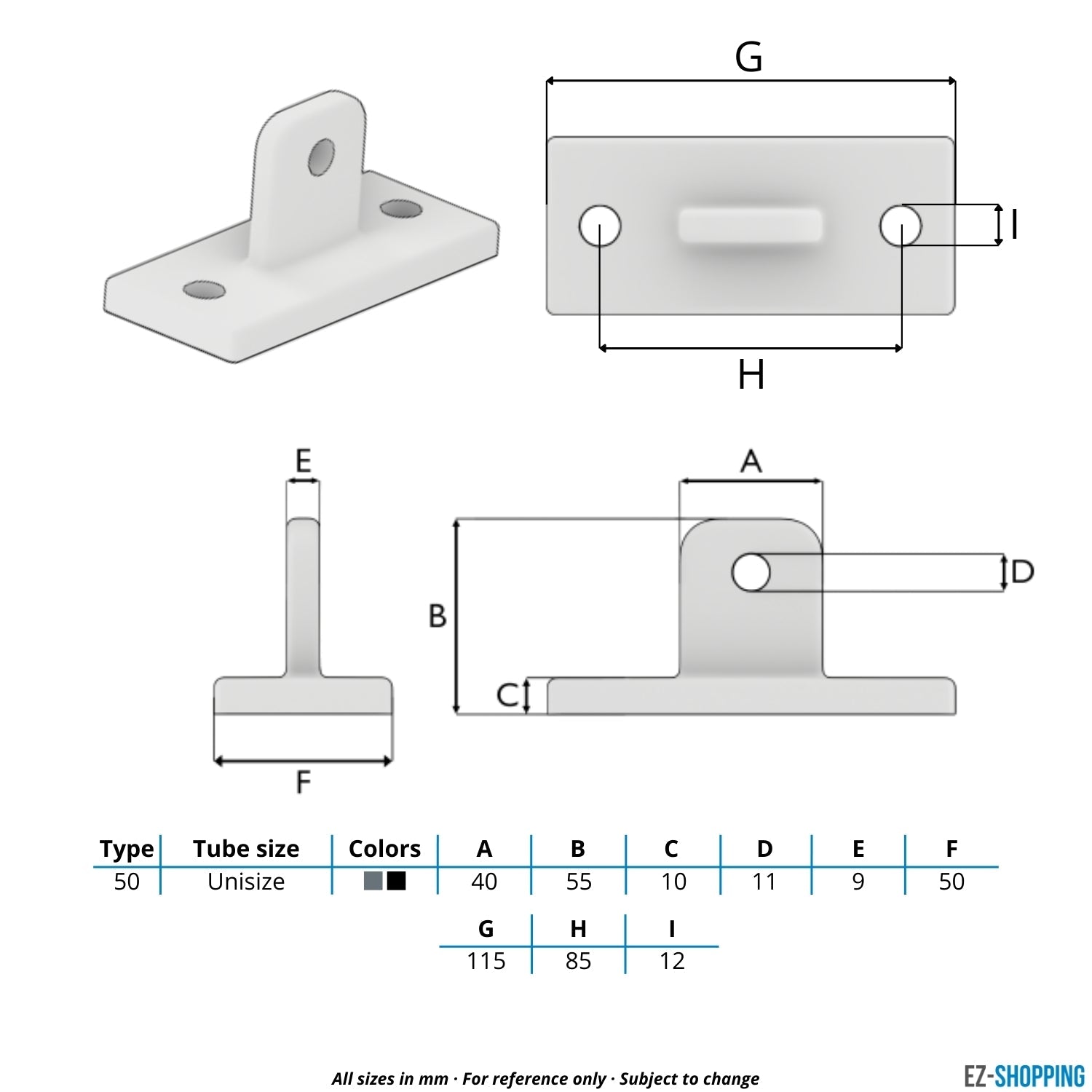 Rohrverbinder Gelenkfußhalter - Schwarz für außen - Maßtabelle - technische Zeichnung (Rohr-verbinder.de)