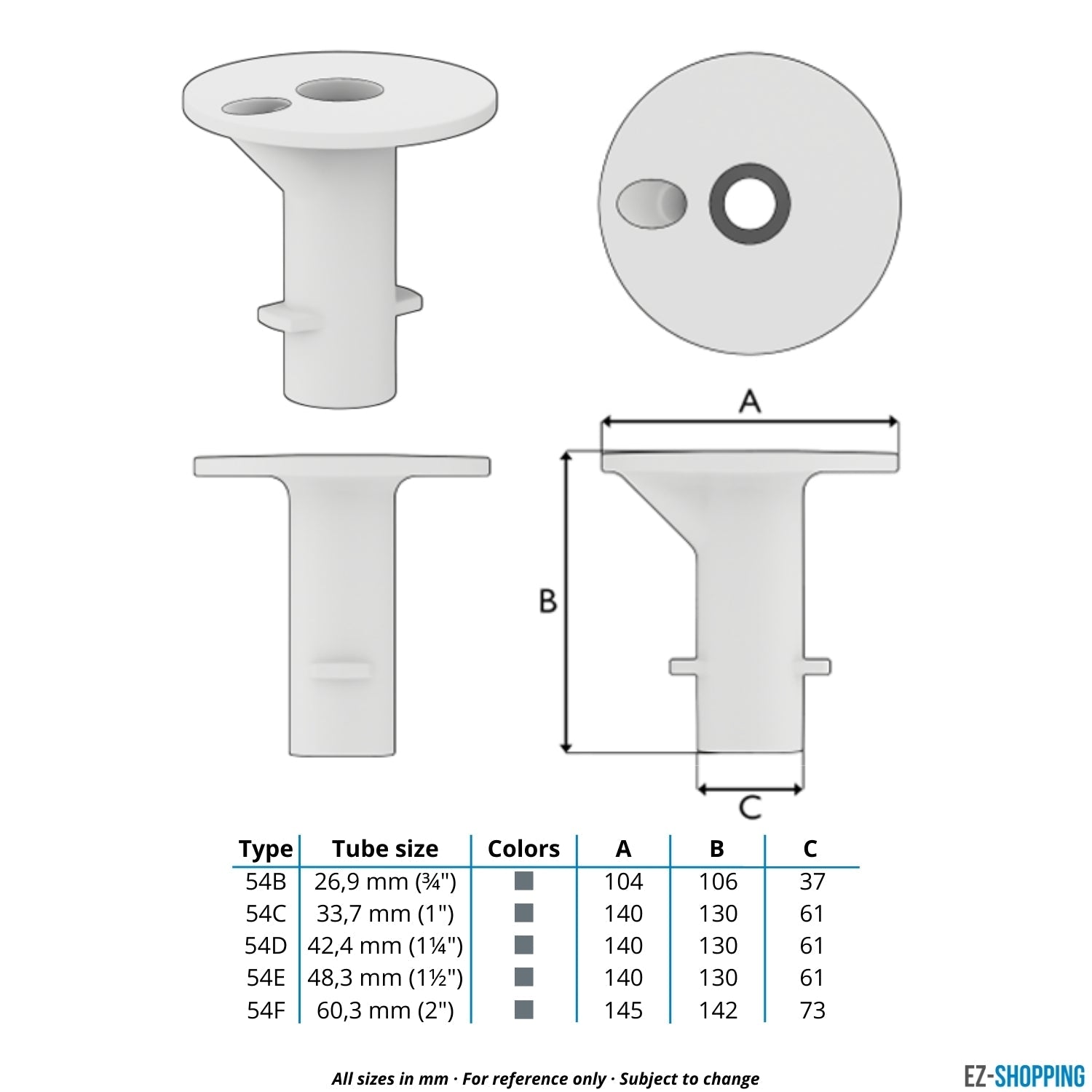 Rohrverbinder Bodenhülse 26,9 mm - Maßtabelle - technische Zeichnung (Rohr-verbinder.de)