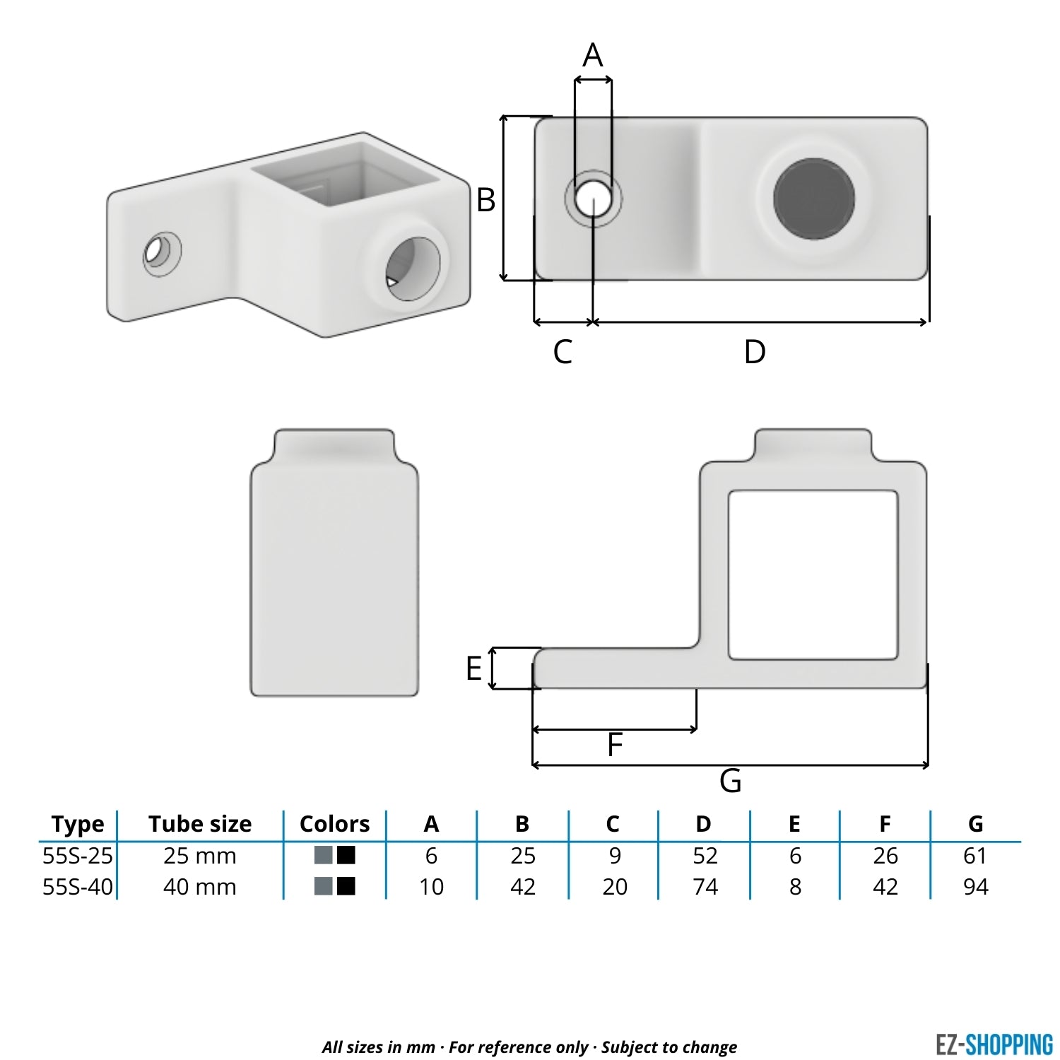 Rohrverbinder Ösenteil mit Einzellasche 25 mm quadratisch - Maßtabelle - technische Zeichnung (Rohr-verbinder.de)