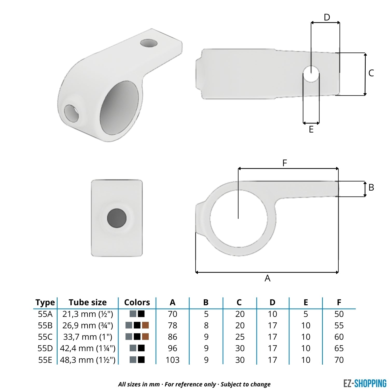 Rohrverbinder Ösenteil mit Einzellasche schwarz 48,3 mm - Maßtabelle - technische Zeichnung (Rohr-verbinder.de)