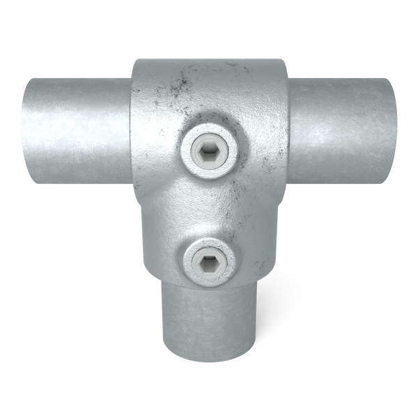 Rohrverbinder T-Stück kurz 48,3 mm - Vorderansicht mit Rohren (Rohr-verbinder.de)