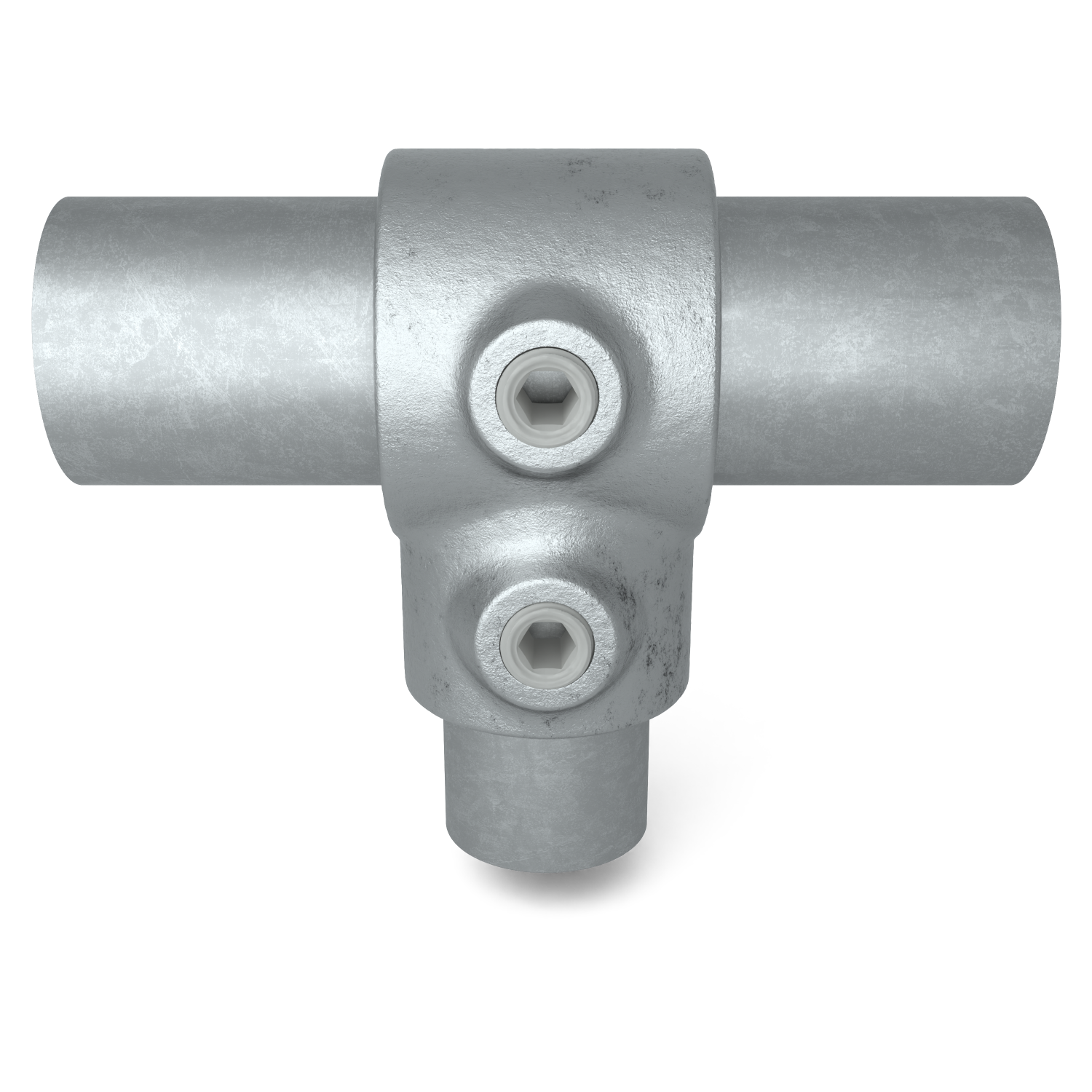 Rohrverbinder T-Stück kurz Kombinationsmaß 33,7 mm - 26,9 mm - Vorderansicht mit Rohren (Rohr-verbinder.de)