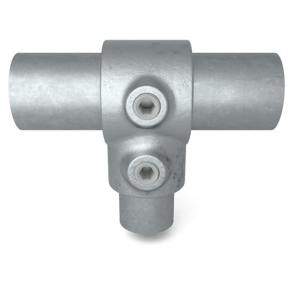 Rohrverbinder T-Stück kurz Kombinationsmaß 60,3 mm - 48,3 mm - Vorderansicht mit Rohren (Rohr-verbinder.de)