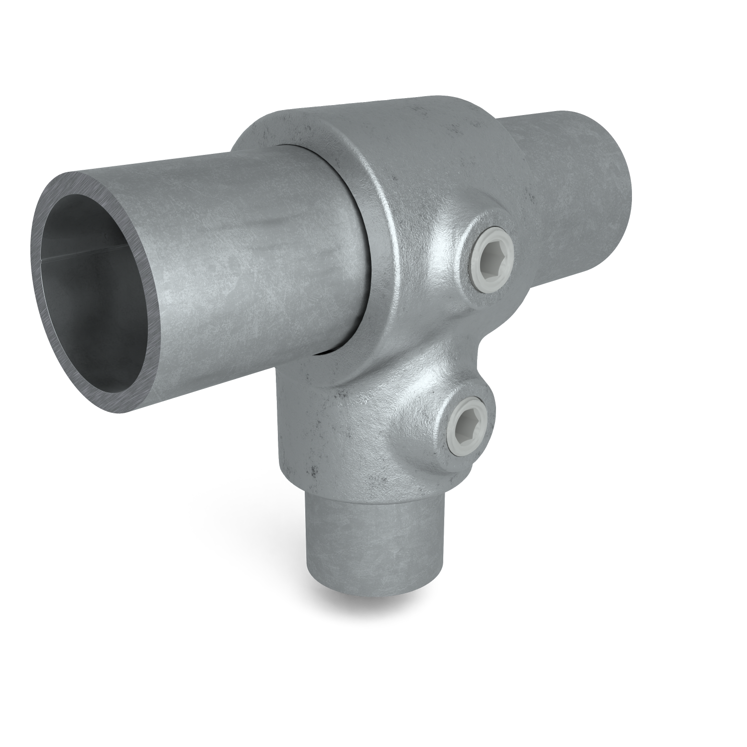 Rohrverbinder T-Stück kurz Kombinationsmaß 48,3 mm - 42,4 mm - Schrägansicht mit Rohren (Rohr-verbinder.de)