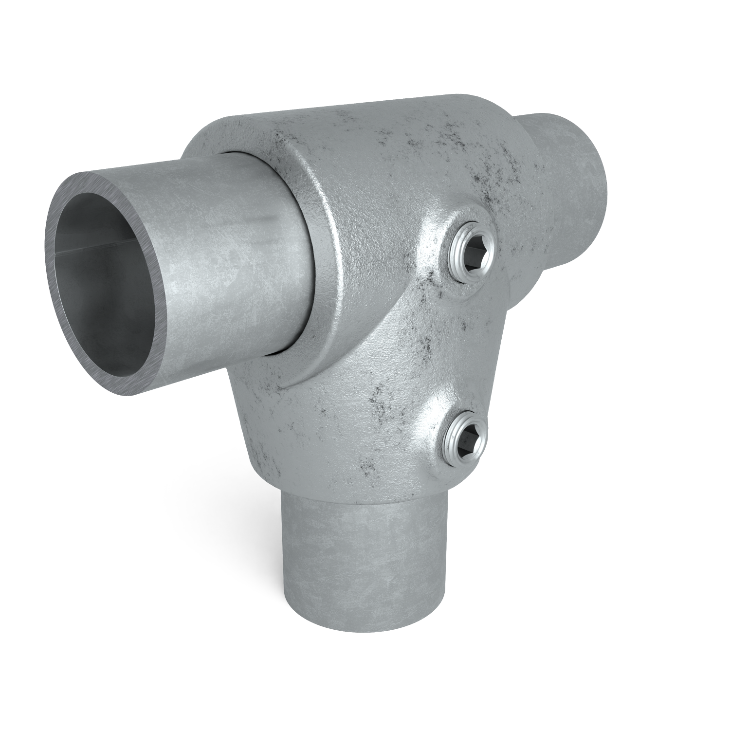 Rohrverbinder T-Stück kurz ±11º 48,3 mm - Schrägansicht mit Rohren (Rohr-verbinder.de)