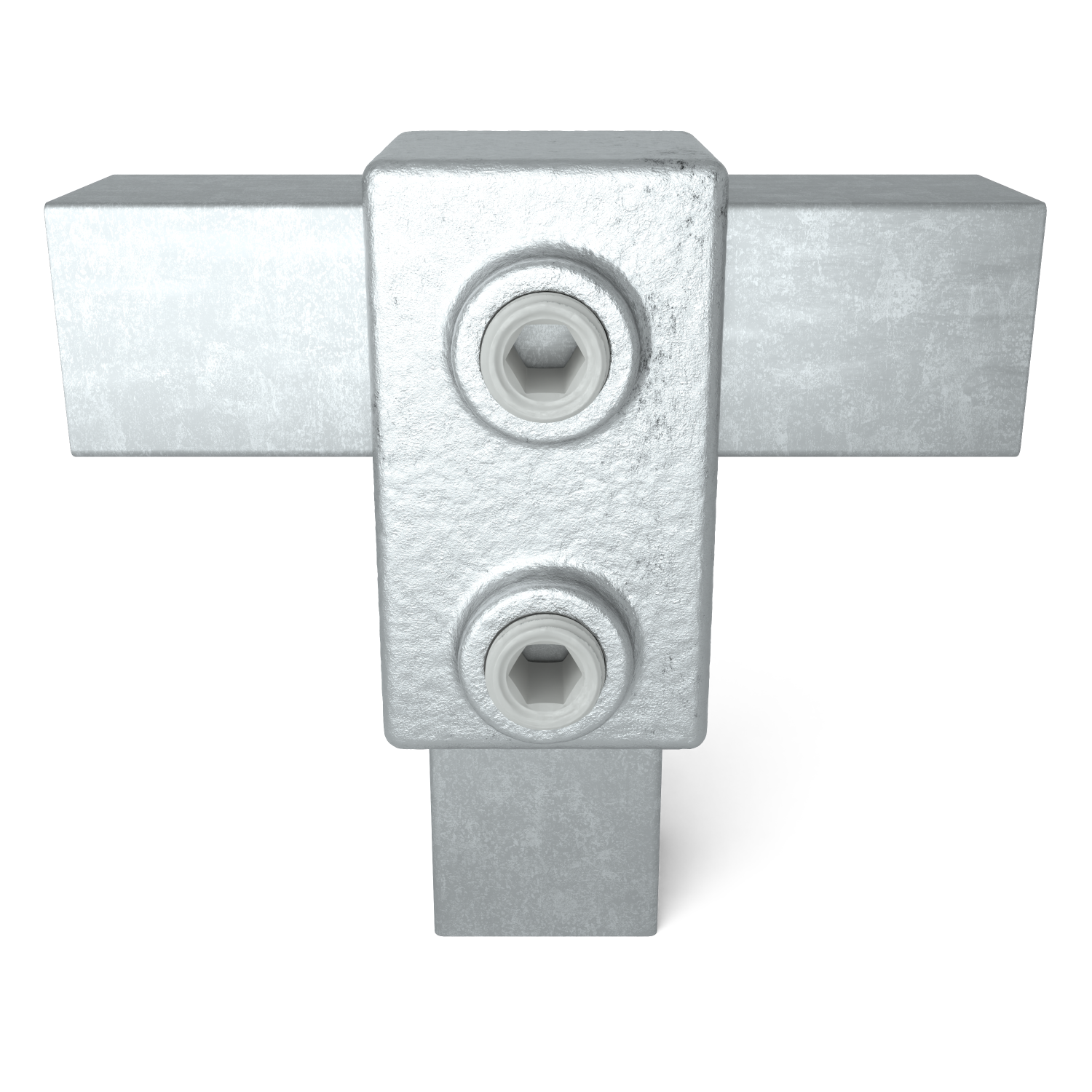 Rohrverbinder T-Stück kurz 25 mm quadratisch - Vorderansicht mit Rohren (Rohr-verbinder.de)