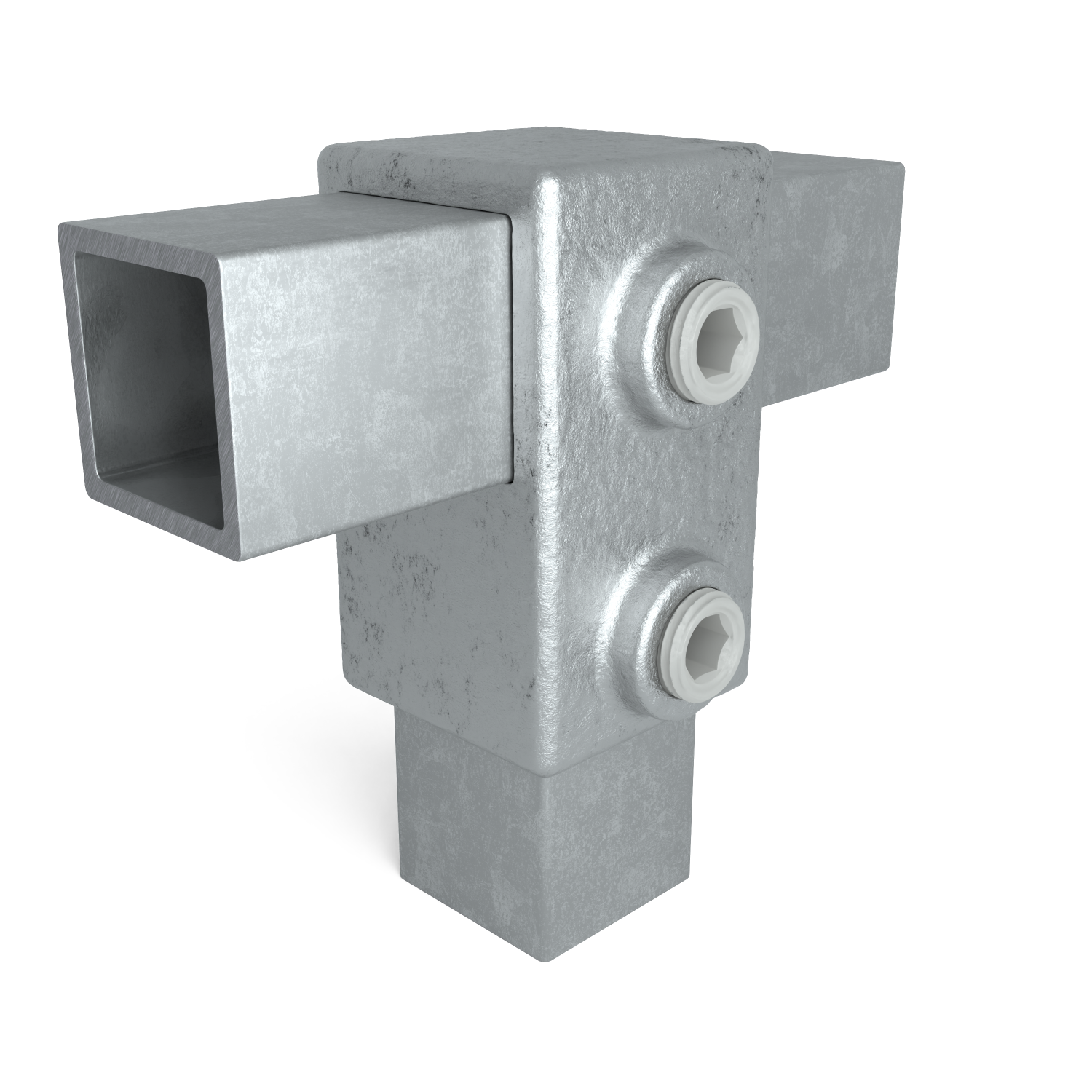 Rohrverbinder T-Stück kurz 25 mm quadratisch - Schrägansicht mit Rohren (Rohr-verbinder.de)