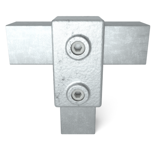 Rohrverbinder T-Stück kurz 40 mm quadratisch - Vorderansicht mit Rohren (Rohr-verbinder.de)