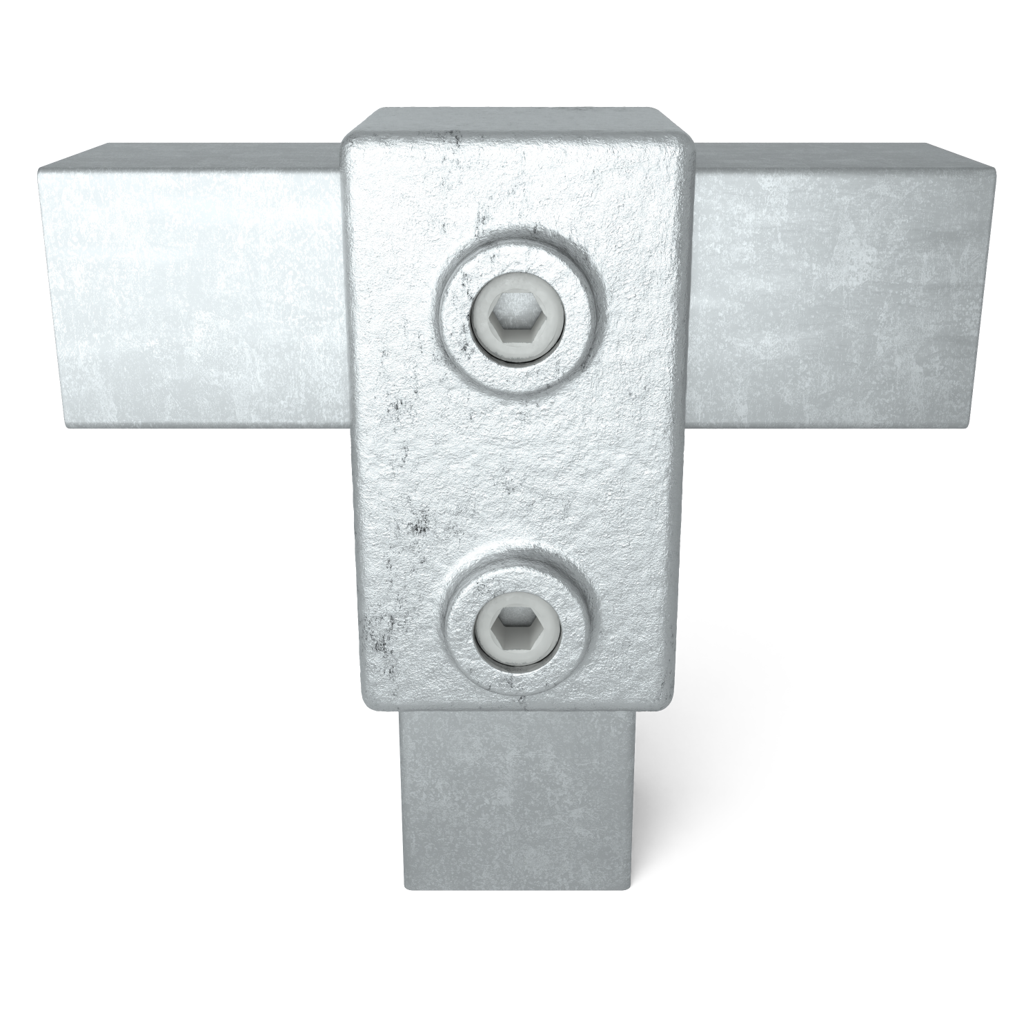 Rohrverbinder T-Stück kurz 40 mm quadratisch - Vorderansicht mit Rohren (Rohr-verbinder.de)