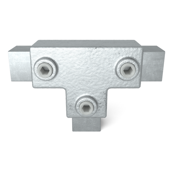 Rohrverbinder T-Stück lang 25 mm quadratisch - Vorderansicht mit Rohren (Rohr-verbinder.de)