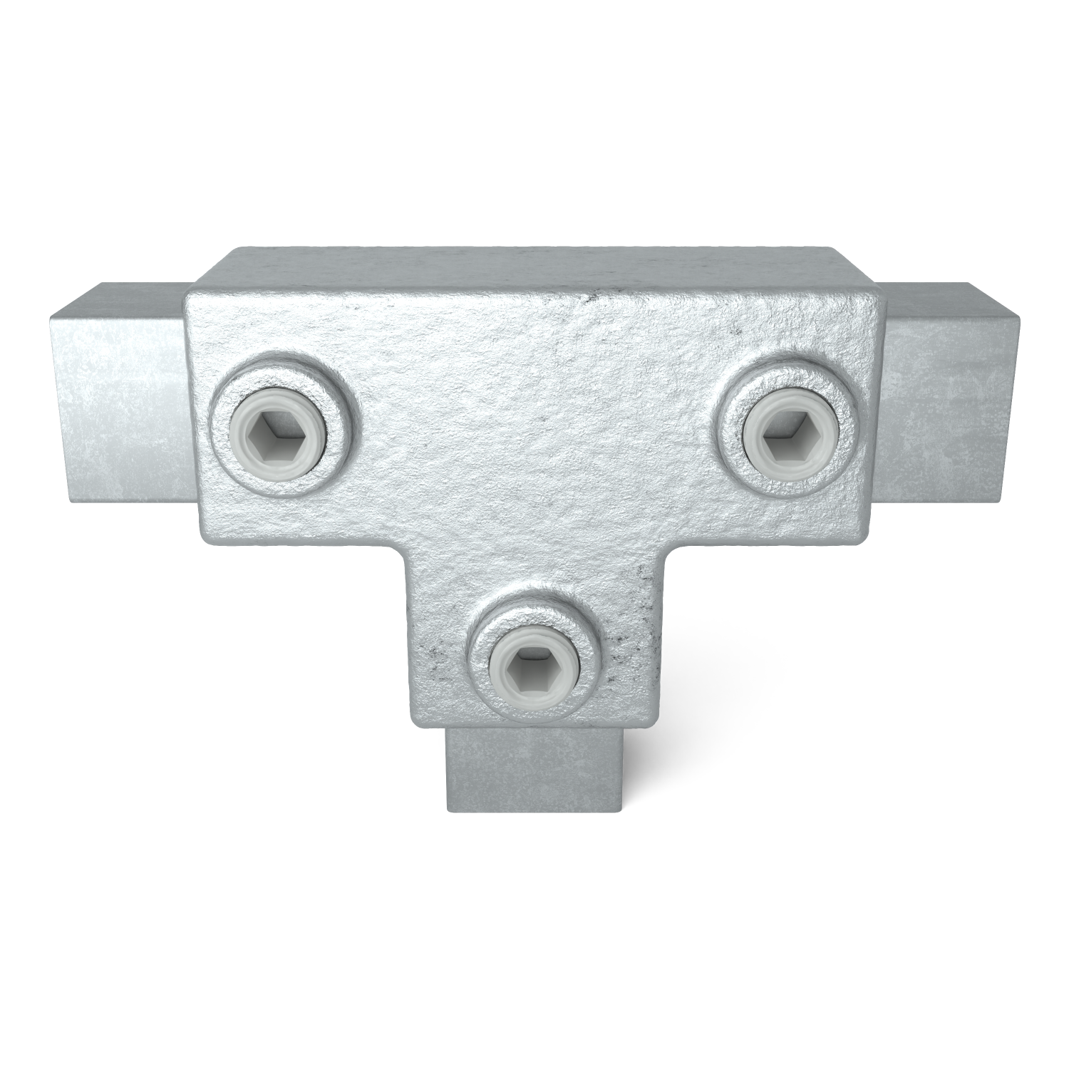 Rohrverbinder T-Stück lang 25 mm quadratisch - Vorderansicht mit Rohren (Rohr-verbinder.de)
