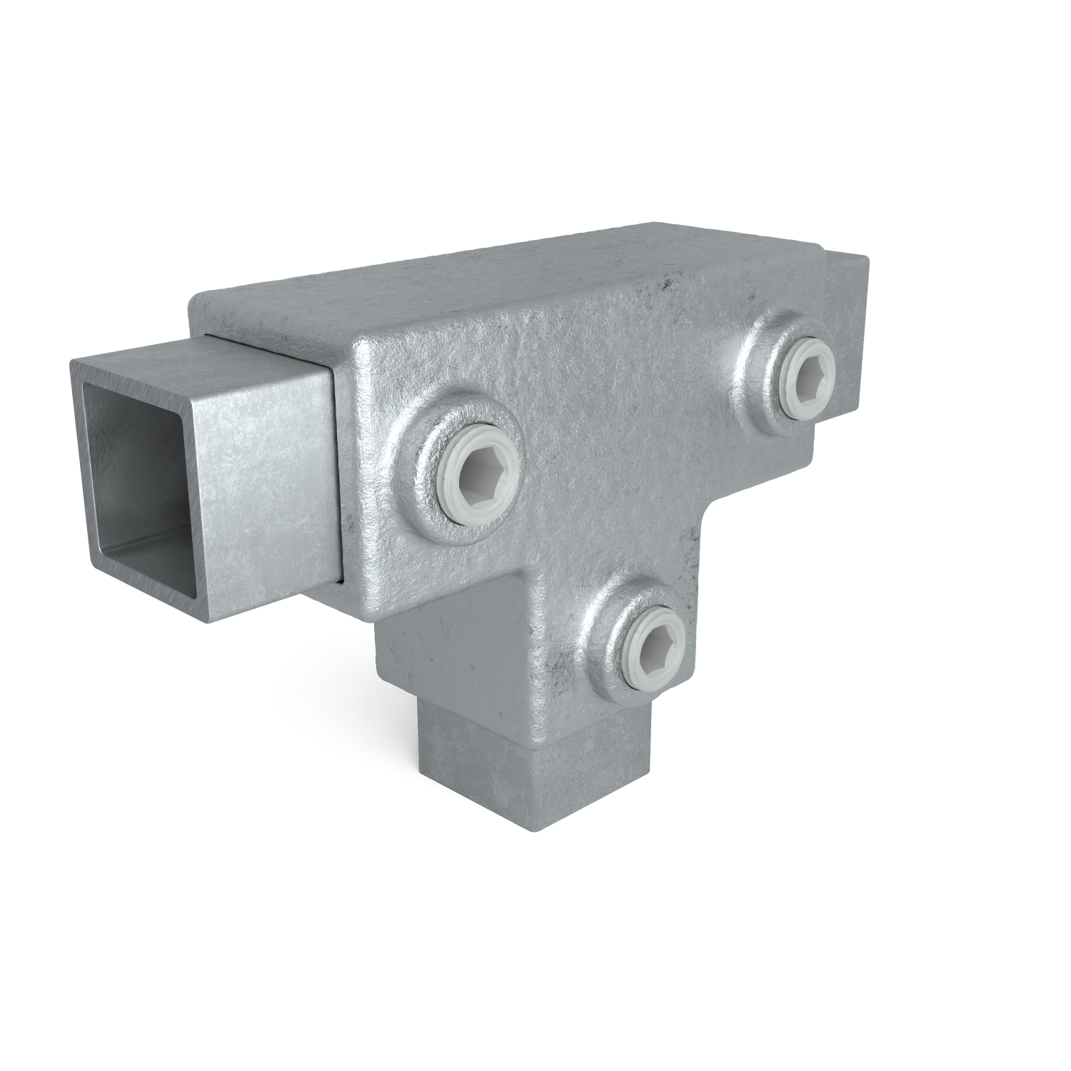 Rohrverbinder T-Stück lang 25 mm quadratisch - Schrägansicht mit Rohren (Rohr-verbinder.de)