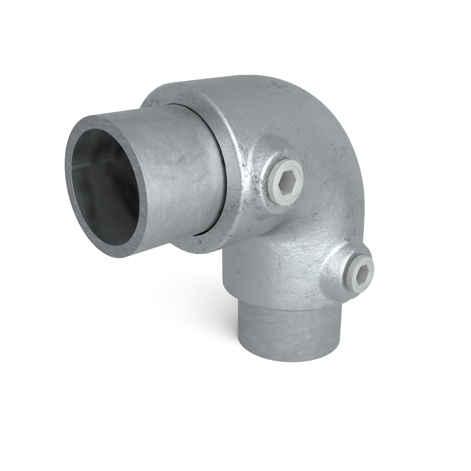 Rohrverbinder Bogen 90º 21,3 mm - Schrägansicht mit Rohren (Rohr-verbinder.de)