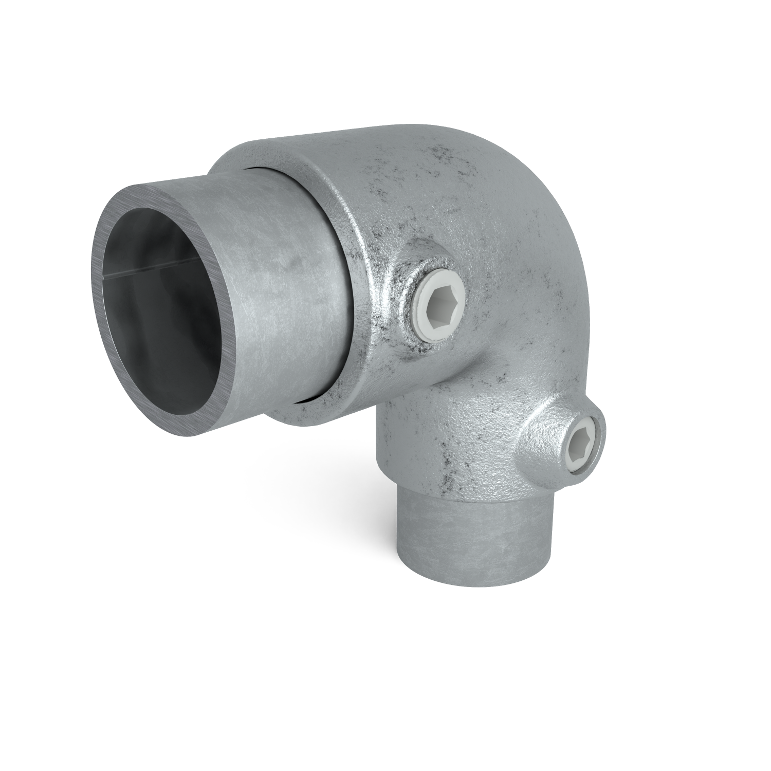 Rohrverbinder Bogen 90º Kombinationsmaß 48,3 mm - 42,4 mm - Schrägansicht mit Rohren (Rohr-verbinder.de)