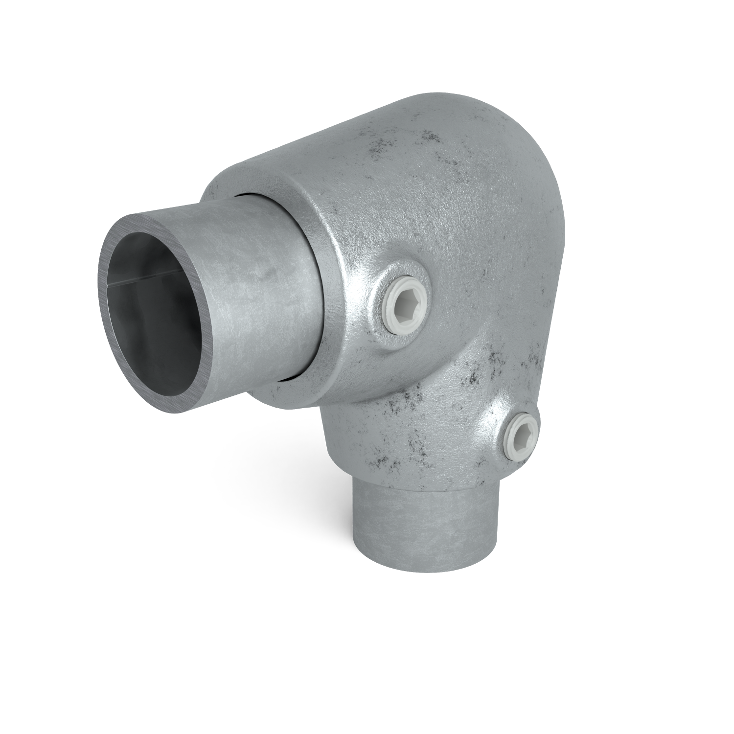 Rohrverbinder Bogen 90º ±11º 42,4 mm - Schrägansicht mit Rohren (Rohr-verbinder.de)