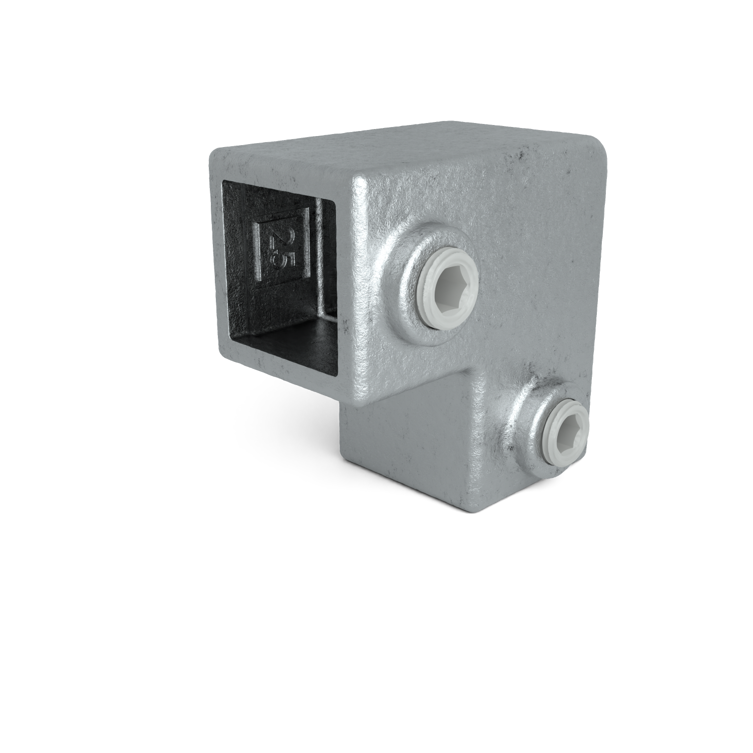 Rohrverbinder Bogen 90º 25 mm quadratisch - Schrägansicht Rohrverbinder (Rohr-verbinder.de)