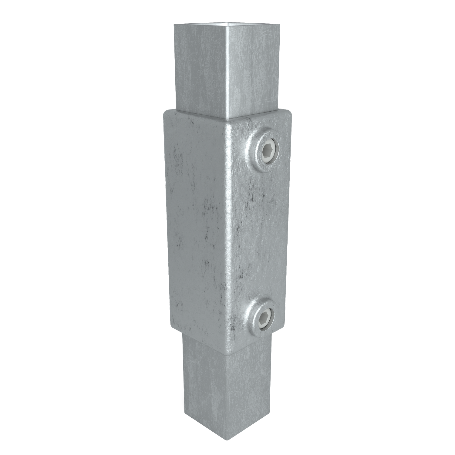Rohrverbinder Verlängerungsstück 40 mm quadratisch - Schrägansicht mit Rohren (Rohr-verbinder.de)