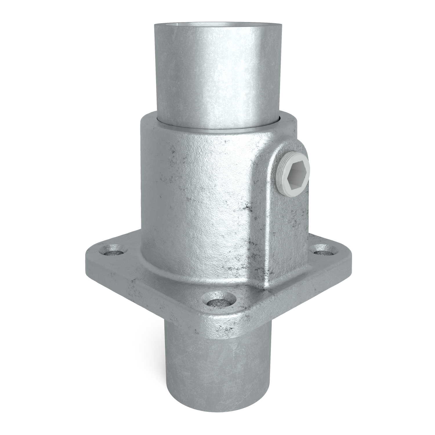 Rohrverbinder Fußplatte quadratisch 21,3 mm - Schrägansicht mit Rohren (Rohr-verbinder.de)
