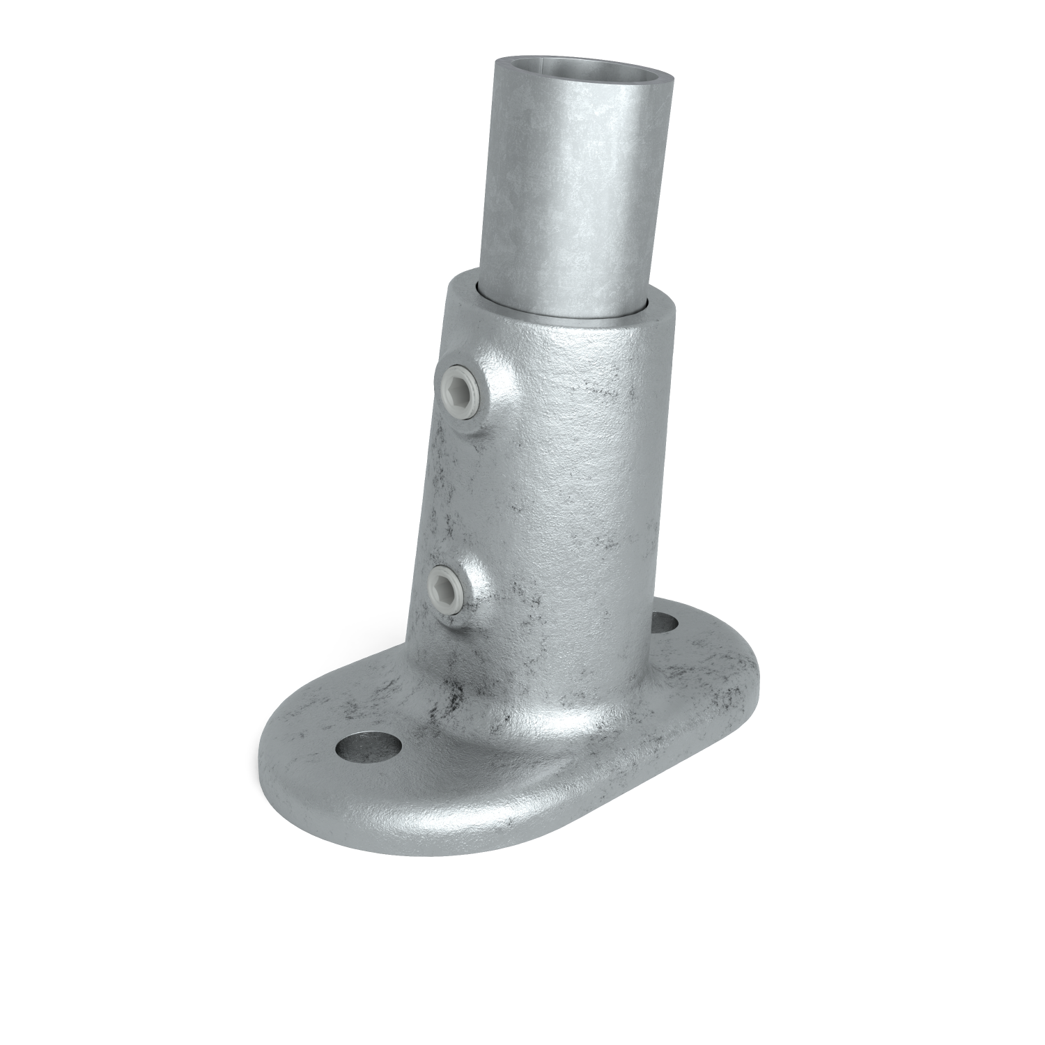 Rohrverbinder Fußplatte oval ±11º 42,4 mm - Schrägansicht mit Rohren (Rohr-verbinder.de)