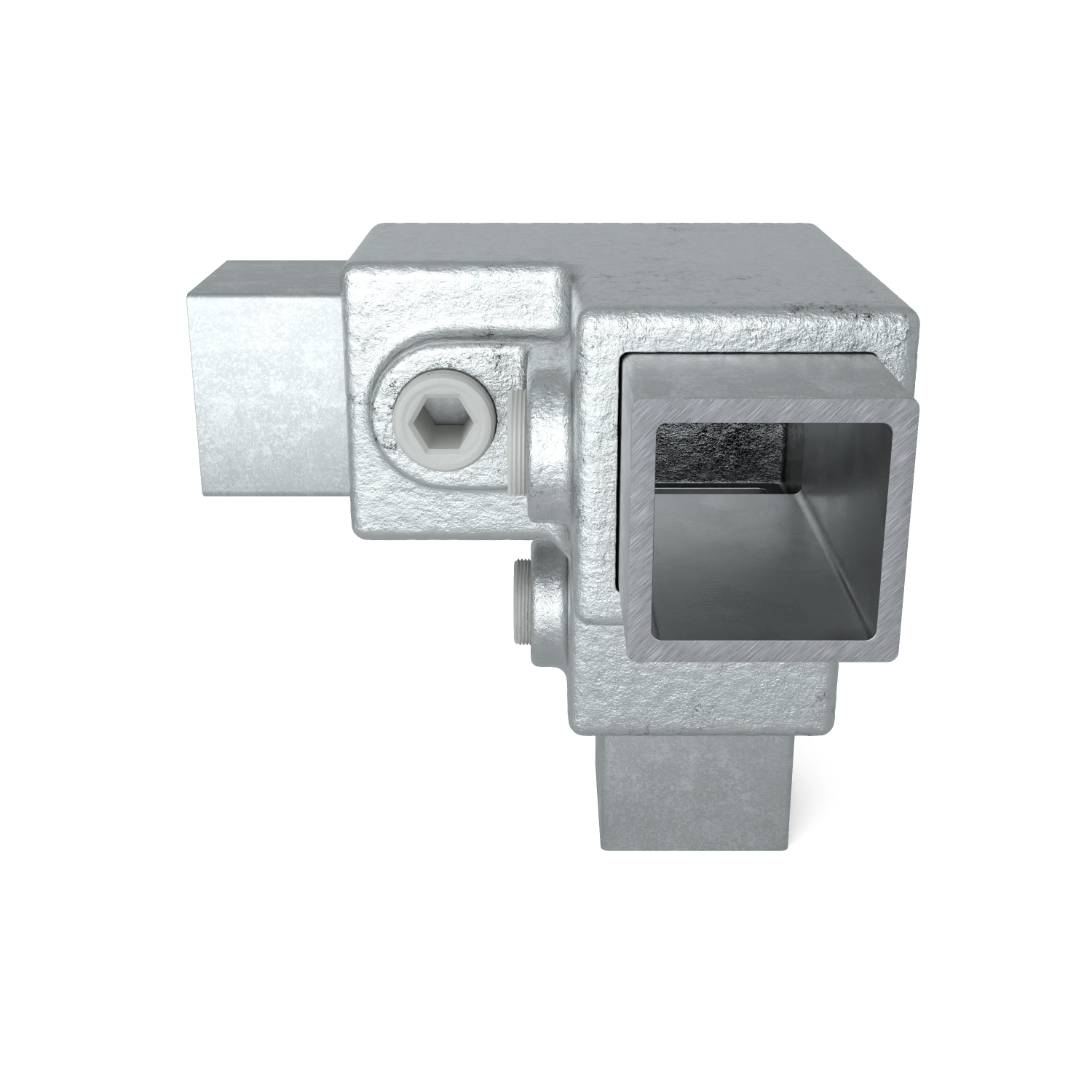 Rohrverbinder Dreiweg-Eckstück 90º 25 mm quadratisch - Schrägansicht mit Rohren (Rohr-verbinder.de)