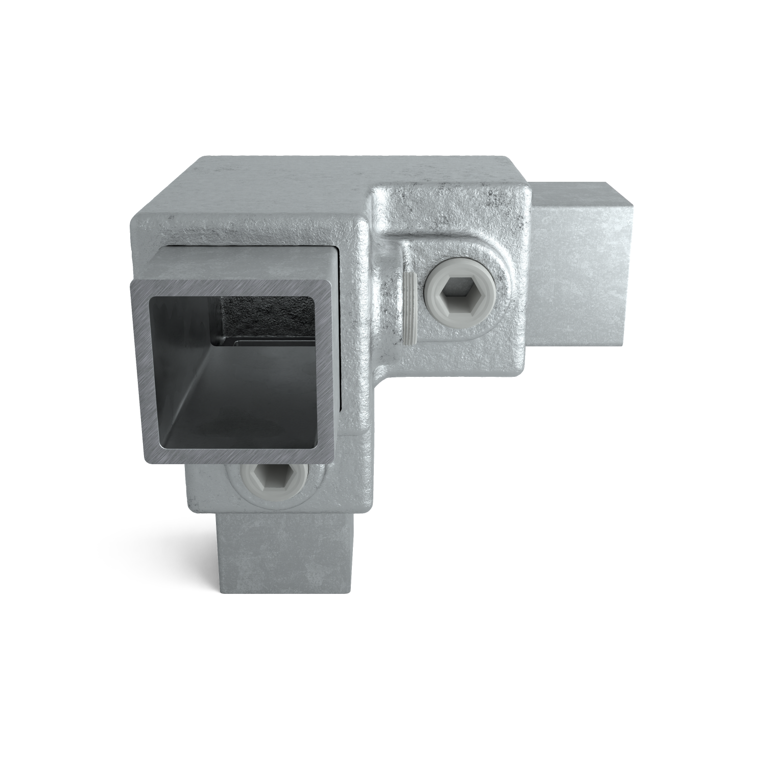 Rohrverbinder Dreiweg-Eckstück 90º 25 mm quadratisch - Seitenansicht mit Rohren (Rohr-verbinder.de)