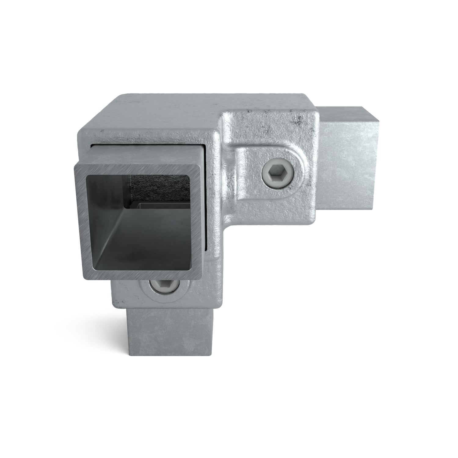 Rohrverbinder Dreiweg-Eckstück 90º 40 mm quadratisch - Seitenansicht mit Rohren (Rohr-verbinder.de)