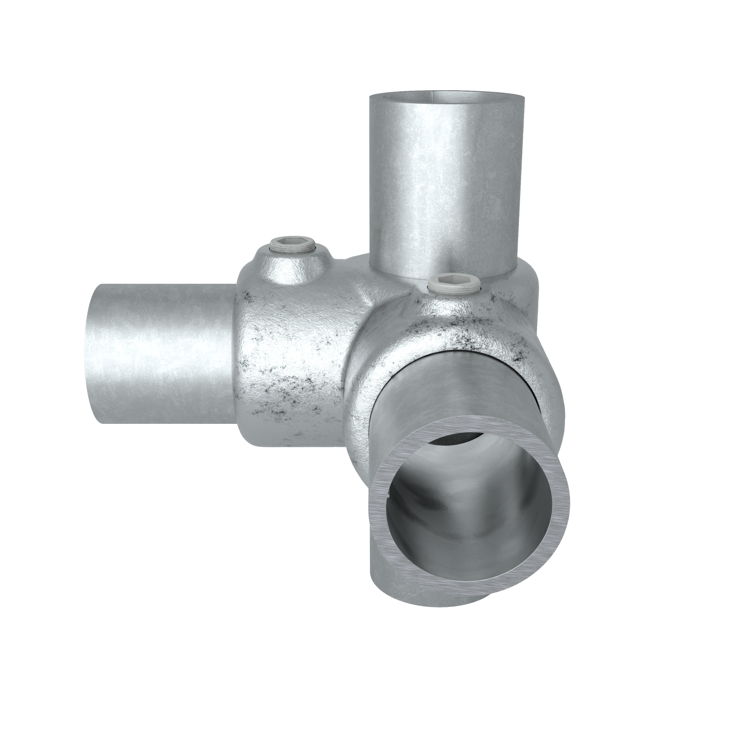 Rohrverbinder Eckstück 90º 26,9 mm - Schrägansicht mit Rohren (Rohr-verbinder.de)