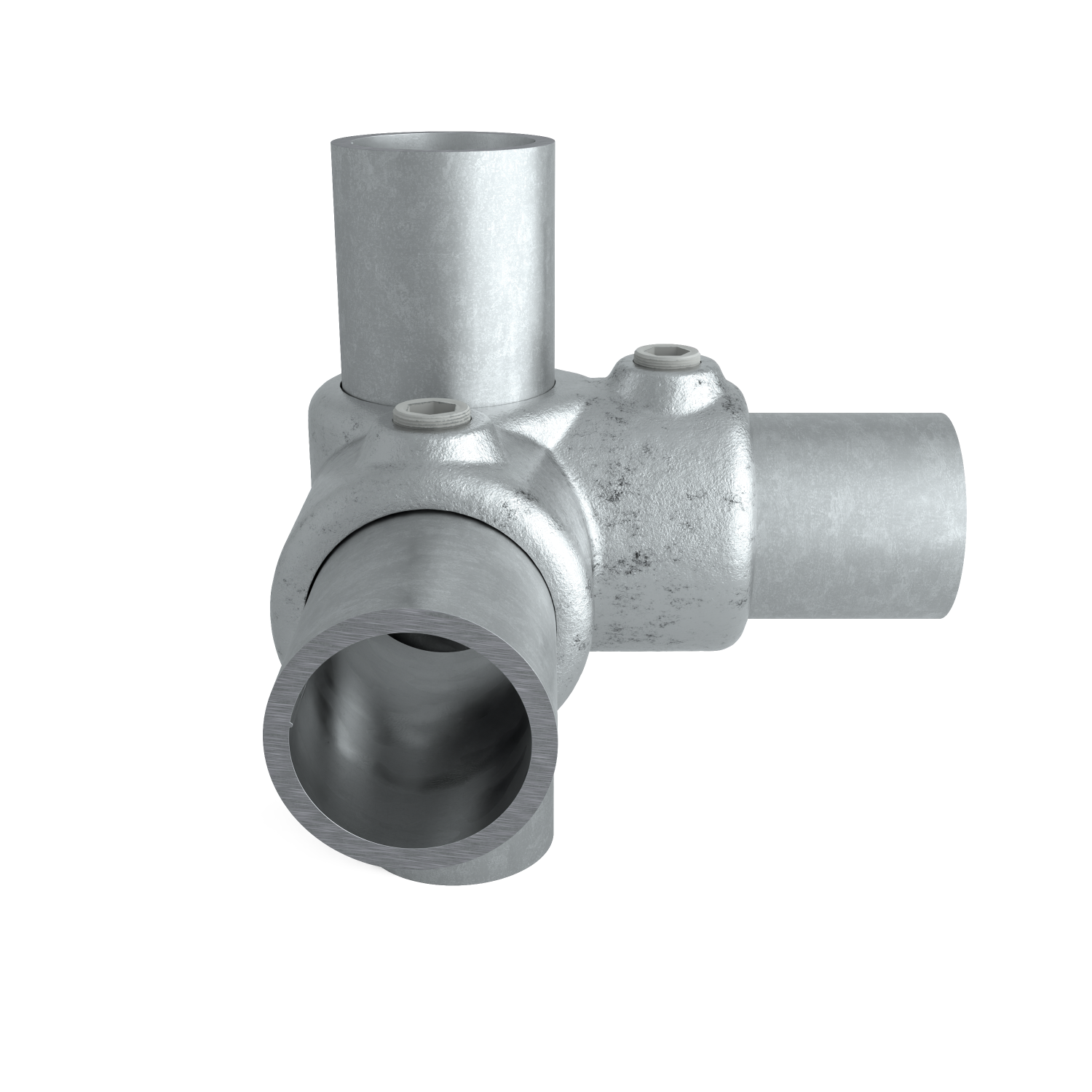 Rohrverbinder Eckstück 90º 26,9 mm - Seitenansicht mit Rohren (Rohr-verbinder.de)